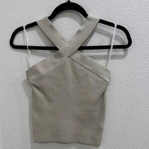 Aritzia Beige Ribbed Cross-Strap Crop Top